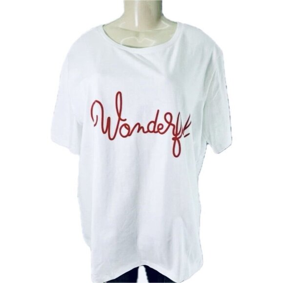 La Redoute XL White Crew Neck Red Wonderful Text Graphic Cotton Short Sleeve Tee - Picture 2 of 6